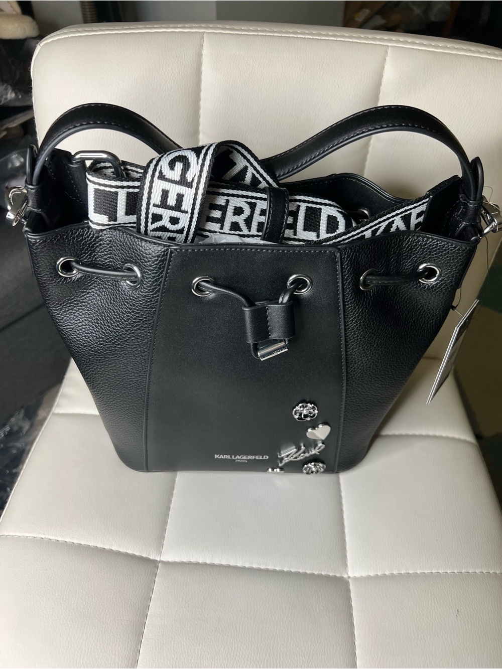 Karl Lagerfeld Black Leather Drawstring Bucket Bag with Logo Strap